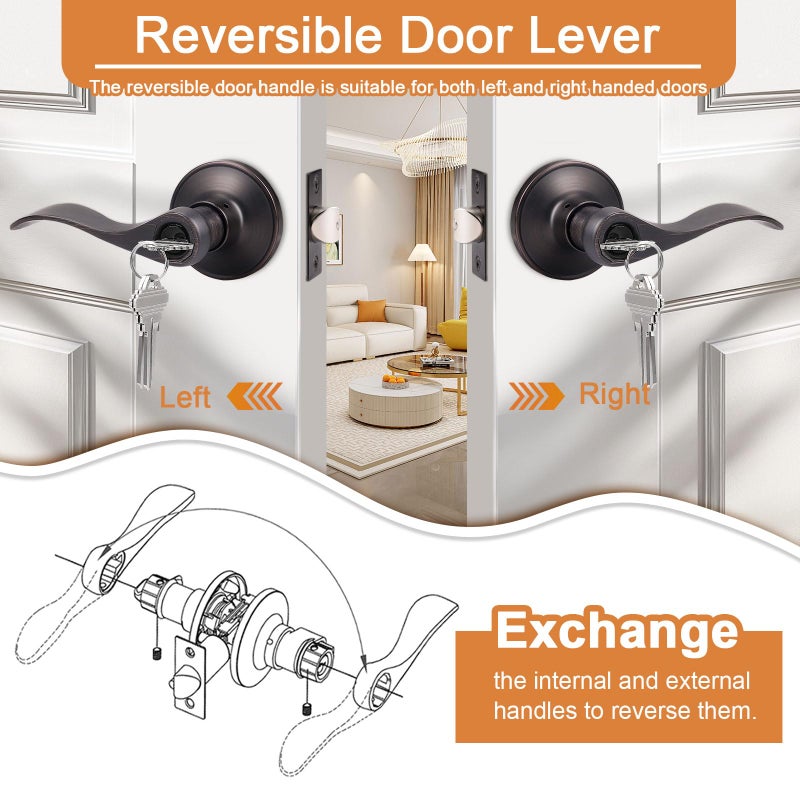 Probrico Oil Rubbed Bronze Door Lockset Hardware Keyed Alike Entry Entrance Door Lever Handles One Keyway (3 Pack) - Image 5